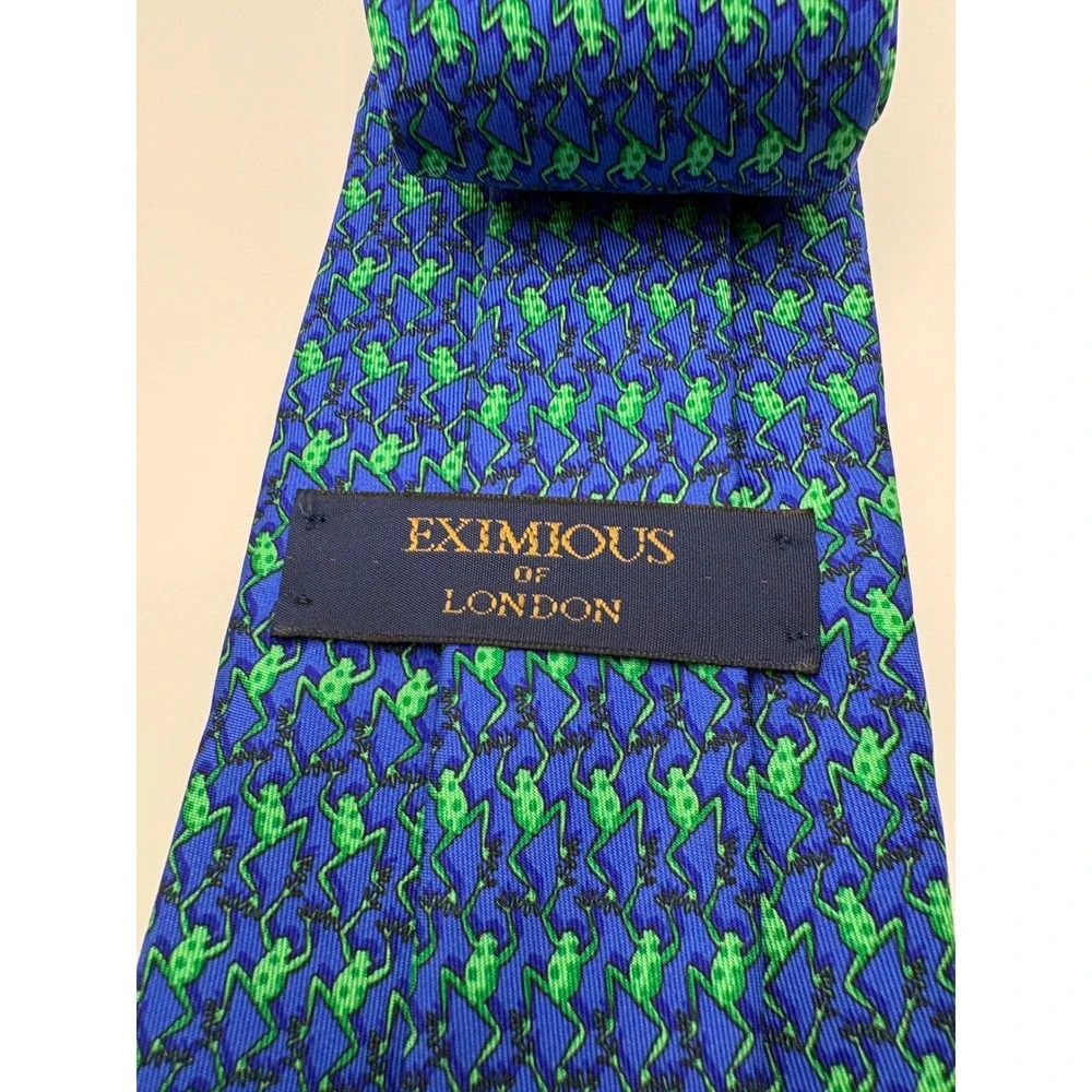 Eximious of London Mens Silk Tie Blue Green Frog Animal Print Made in Italy